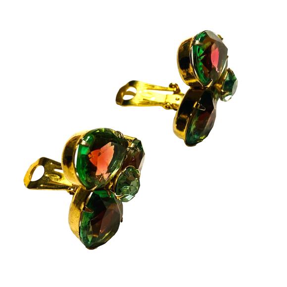 Vintage mid century clip on earrings watermelon green pink glass stones on gold - Picture 2 of 8